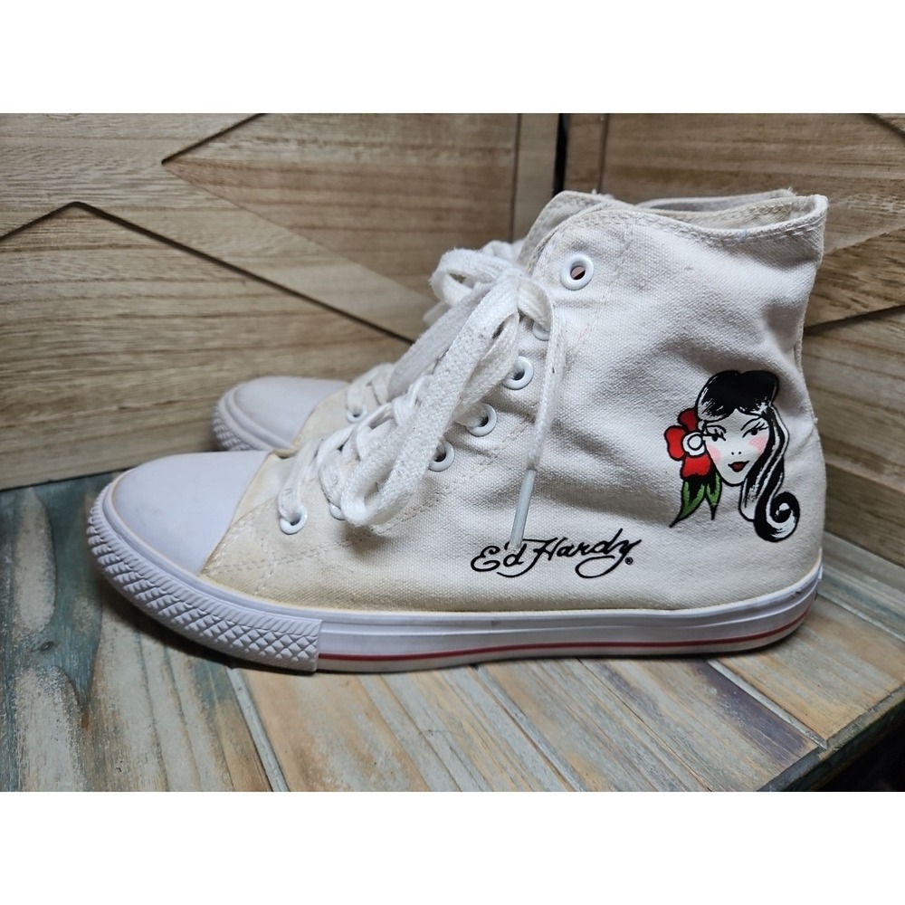 Ed Hardy Geisha Girl Tattoo Art White Canvas High Top Sneakers Mens Size 10